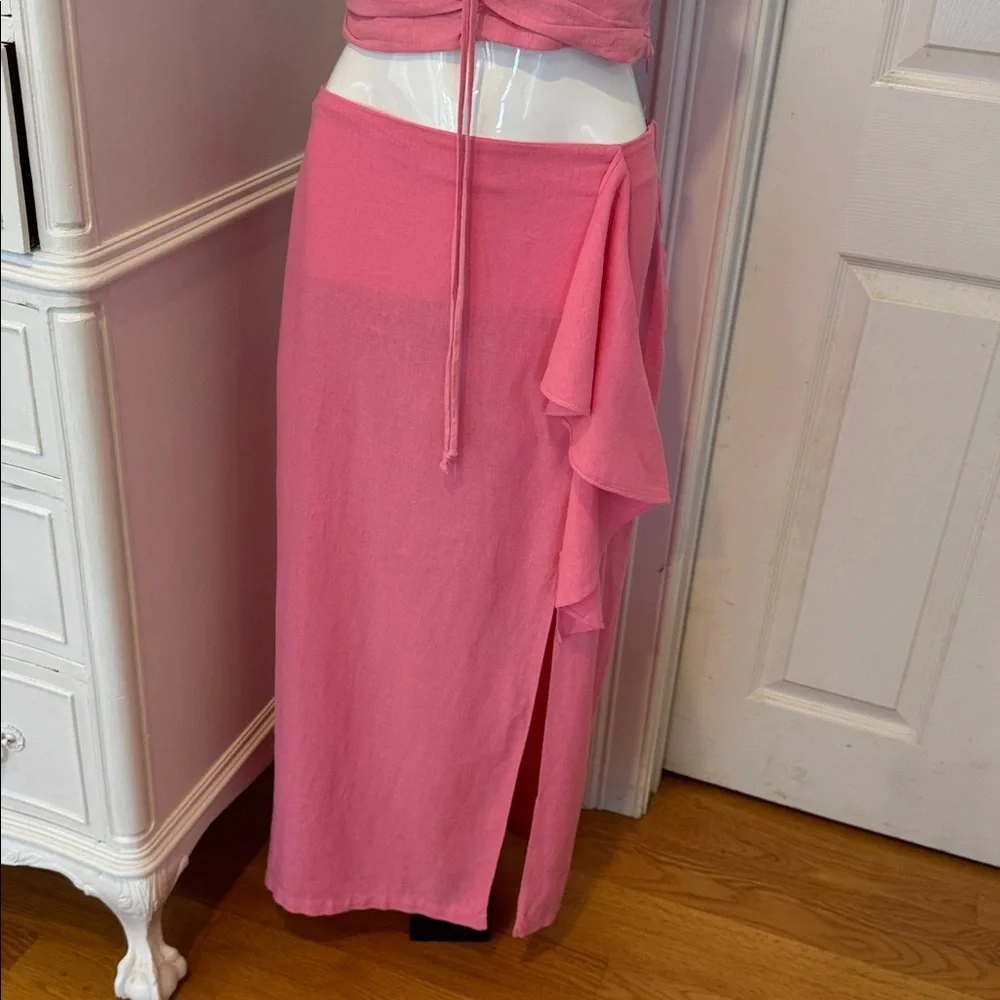 Pink Ruched Crop Top and Skirt Set